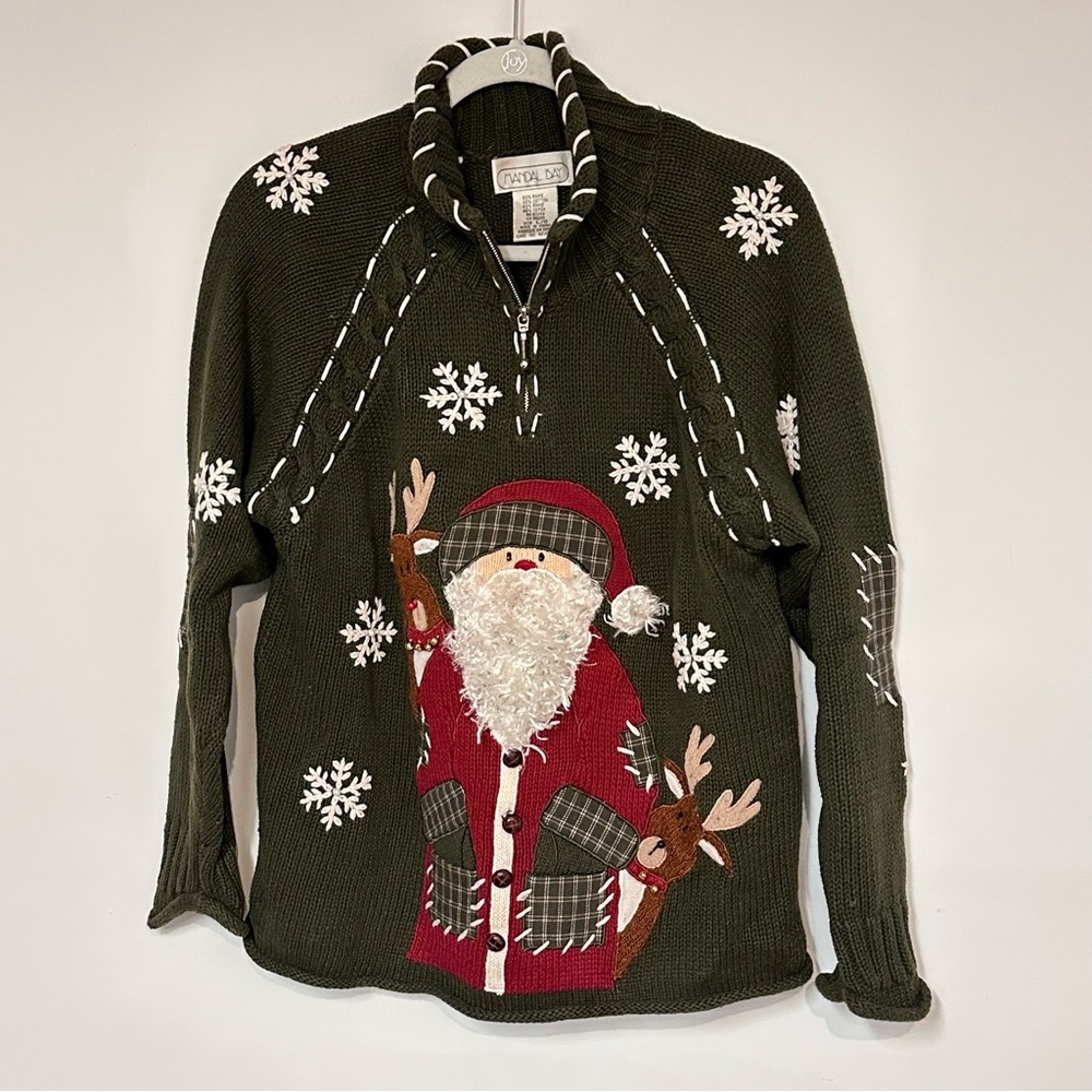Green Holiday Sweater with Santa and Reindeer Design